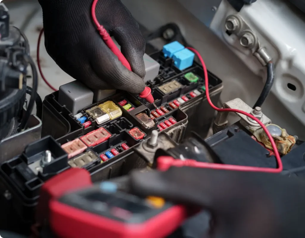 A person wearing black gloves tests a car’s fuse box with a multimeter, checking electrical connections inside the engine compartment.