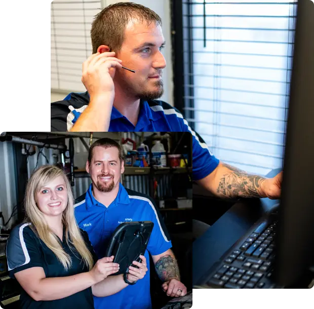 A man with a headset works at a computer. Below, a man and a woman in blue work uniforms smile, holding a tablet in an office or workshop setting with shelves and equipment in the background.