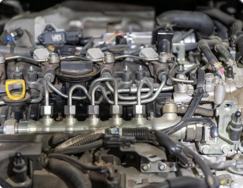 Close-up of a diesel engine’s fuel injection system, showing metal fuel lines, injectors, wiring, and engine components with various pipes and connectors visible.