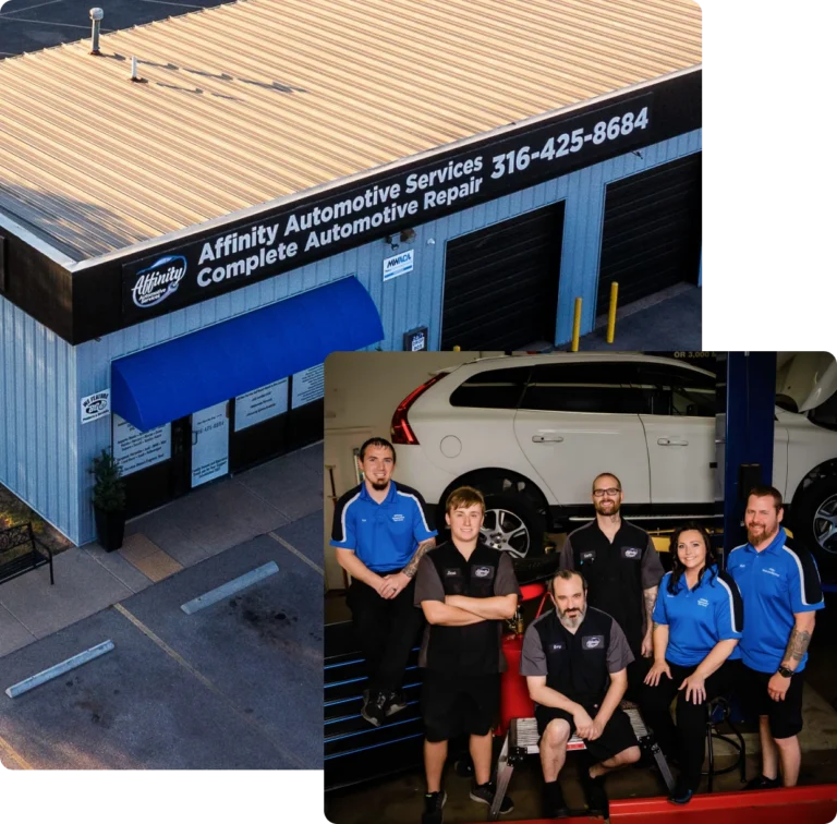 Aerial view of Affinity Automotive Services building with a blue awning and sign. Below, five employees in blue and black uniforms pose together in front of a white SUV inside the repair shop.